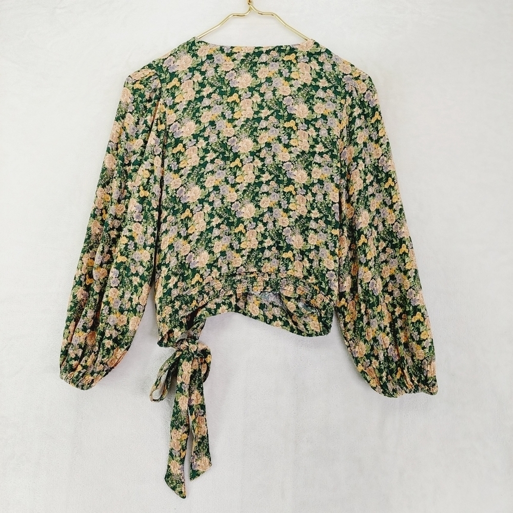 American Eagle Green Floral Faux Wrap Crop Top Long Sleeve V Neck Blouse P1906 - Picture 5 of 8